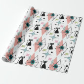 Papier Cadeau Mi-siècle Moderne Étoiles et Chats Motif Blanc (Déroulé)