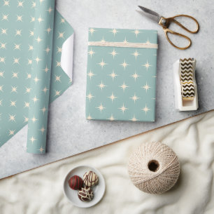 Papier Cadeau Mi-siècle Moderne Rétro Hiver Bleu Étoiles atomiqu