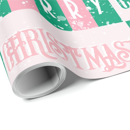 Papier Cadeau Mi-Siècle Rétro Joyeux Noël Rose Vert (Coin rond)