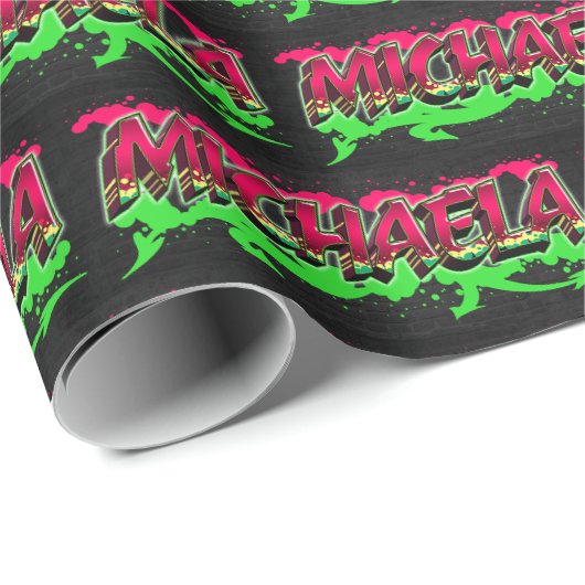 Papier Cadeau Michaela prénom nom Graffiti rouge vert (Coin rond)