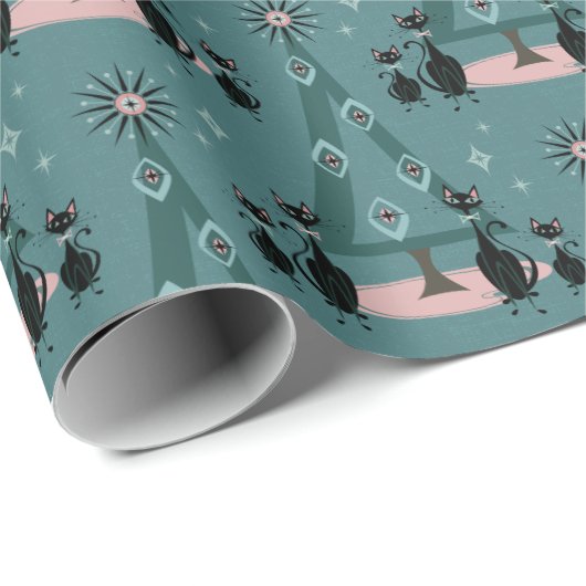 Papier Cadeau Mid Century Famille de chats en bleu (Coin rond)