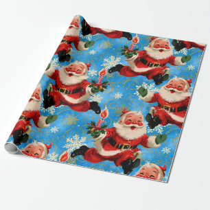 Papier Cadeau Mid-Century Merry : Père Noël vintage courant en b