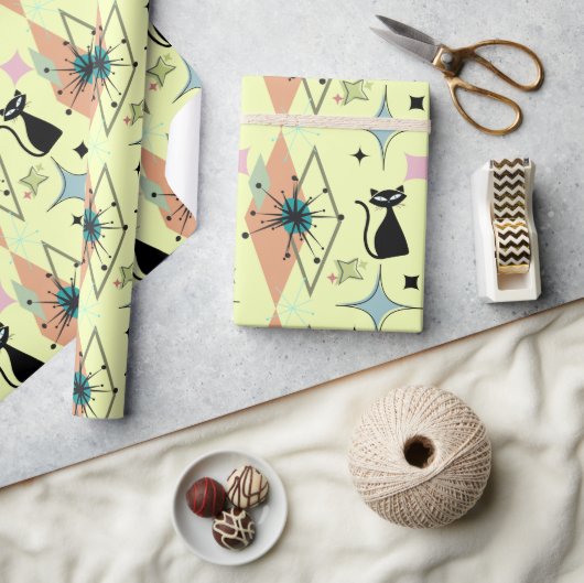Papier Cadeau Mid Century Moderne Stars and Cats Motif Cream (Artisanat)
