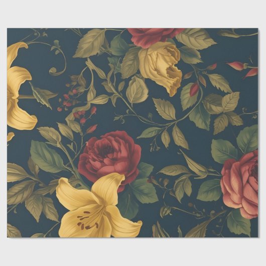 Papier Cadeau Midnight Victorian Floral – Yellow Lilies & Roses  (Plat)