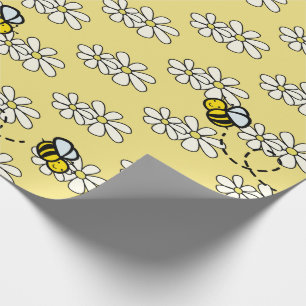 Papier Cadeau Miel jaune abeille et blanc Motif de marguerite