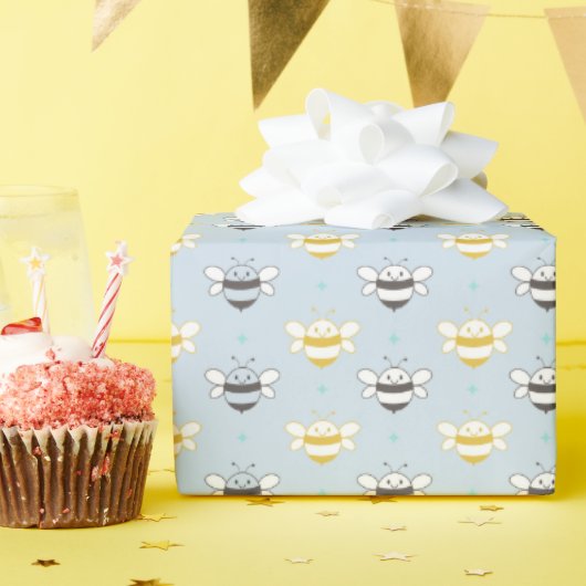 Papier Cadeau Miel souriant Abeilles Bleu (Fête d'anniversaire)