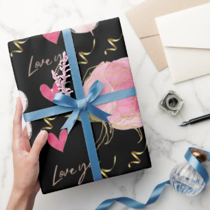 Papier Cadeau Mignon Amour Moderne Vous Fleurs Cœurs Noir