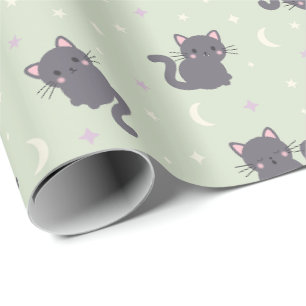 Papier Cadeau Mignon Chat Gris Sauge