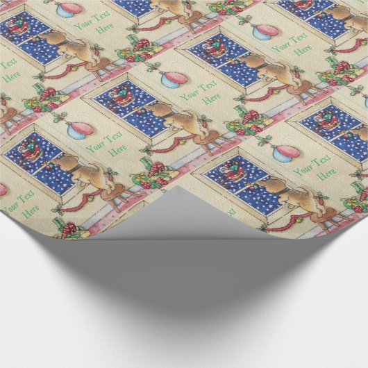 Papier Cadeau mignon chiot brun regardant père Noël traîner dans (Coin)