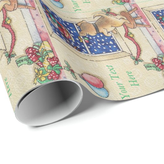 Papier Cadeau mignon chiot brun regardant père Noël traîner dans (Coin rond)