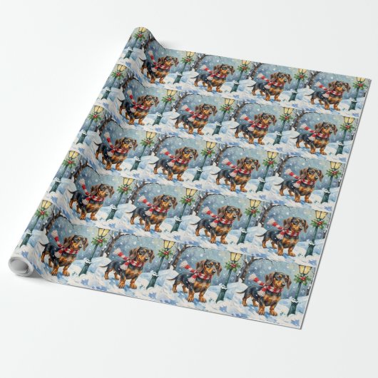 Papier Cadeau Mignon chiot teckel écharpe d'hiver confortable ar (Déroulé)