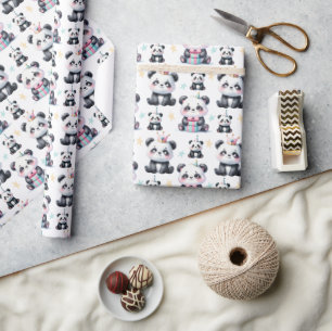 Papier Cadeau Mignon motif d'ours en panda bébé blanc