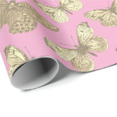 Papier Cadeau Mignon motif papillon beige doré rose (Coin rond)