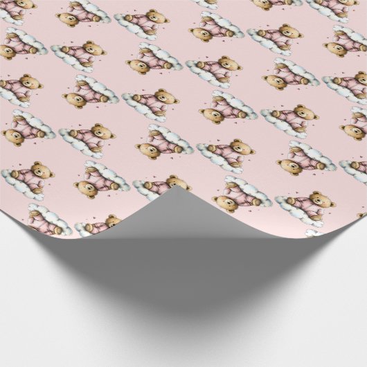 Papier Cadeau Mignon ours en peluche en pyjama rose sur un nuage (Coin)