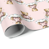 Papier Cadeau Mignon ours en peluche en pyjama rose sur un nuage (Coin rond)