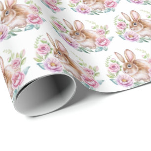 Papier Cadeau Mignonne Bunny en Watecolor et Motif de fleurs ros