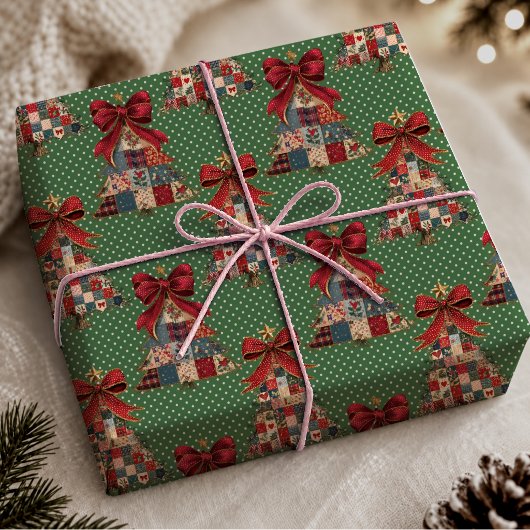 Papier Cadeau Mignonne Coquette Verte Patchwork Points Noël