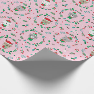 Papier Cadeau Mignonne couronne d'animaux de Noël rose