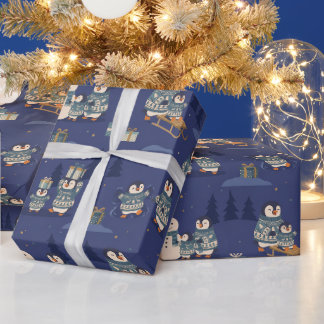 Papier Cadeau Mignonne famille de manchots en pull | Scènes de N