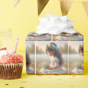 Papier Cadeau Mignonne fille en dentelle robe avec marguerites