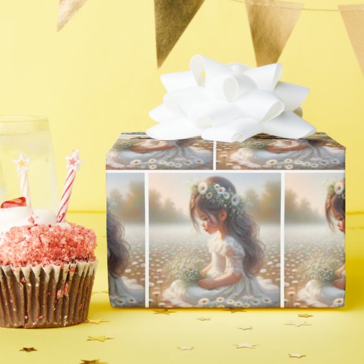 Papier Cadeau Mignonne fille en dentelle robe avec marguerites (Fête d'anniversaire)