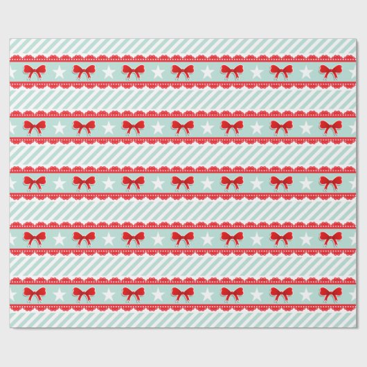 Papier Cadeau Mignonne Mint Red Bows Étoiles Stried Motif de Noë (Plat)