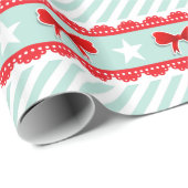Papier Cadeau Mignonne Mint Red Bows Étoiles Stried Motif de Noë (Coin rond)