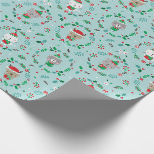 Papier Cadeau Mignonne Noël Animal Wreath bleu