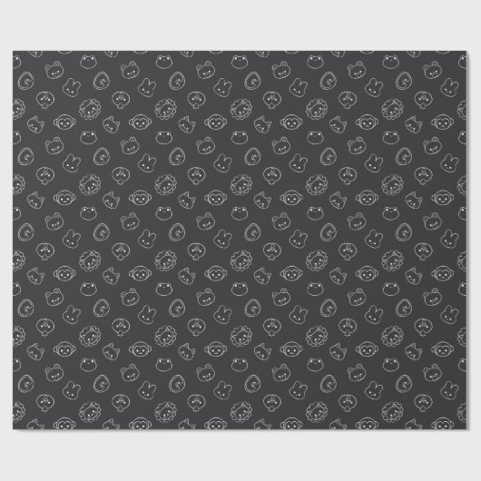 Papier Cadeau Mignonne tête d'animal blanc Doodé sur noir (Plat)