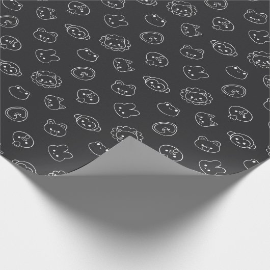Papier Cadeau Mignonne tête d'animal blanc Doodé sur noir (Coin)
