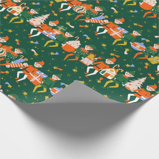 Papier Cadeau Mignonne Whimsical Green Noël Père Noël Elves Moti (Coin)