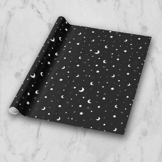 Papier Cadeau Mignonnes Lunes et Étoiles en noir et blanc