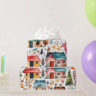 Papier Cadeau Mignonnes maisons fleurs animaux Enveloppement Pap
