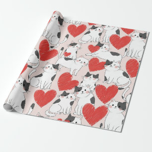 Papier Cadeau Mignons chats kawaii roses et motif de cœurs (7)