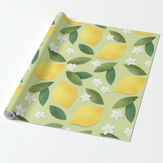 Papier Cadeau Mignons citrons jaunes, fleurs blanches et feuille