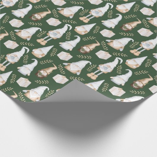 Papier Cadeau Mignons Gnomes de Noël sur vert (Coin)