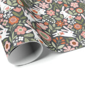 Papier Cadeau Mignons lapins blancs, motif vintage fleuri. (Coin rond)