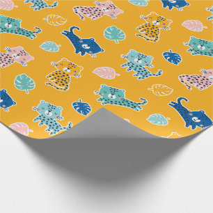 Papier Cadeau Mignons léopards avec feuilles de jungle sur mouta
