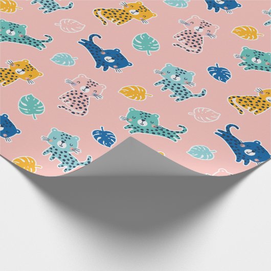 Papier Cadeau Mignons léopards avec feuilles de jungle sur rose (Coin)