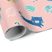 Papier Cadeau Mignons léopards avec feuilles de jungle sur rose (Coin rond)