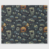 Papier Cadeau Mignons monstres d'Halloween, Orange, Gris foncé (Plat)