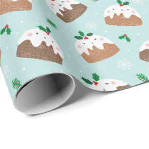 Papier Cadeau Mignons petits poudings de noël sur bleu clair