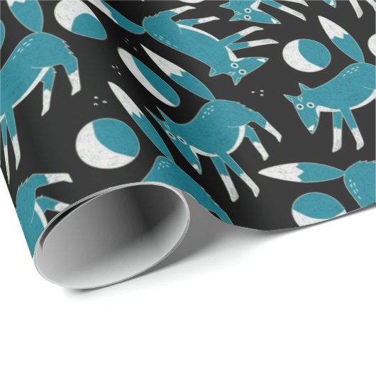 Papier Cadeau Mignons renards et lunes motif en guerre bleue et (Coin rond)