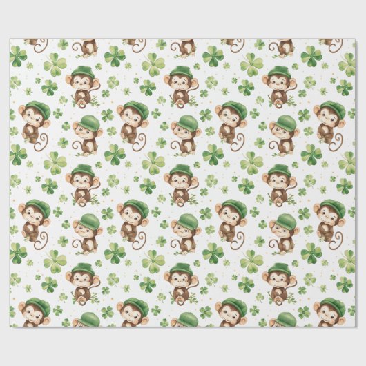 Papier Cadeau Mignons Singes Vert Casquette Shamrock St. Patrick (Plat)