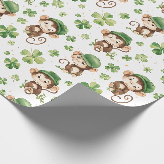 Papier Cadeau Mignons Singes Vert Casquette Shamrock St. Patrick (Coin)