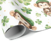 Papier Cadeau Mignons Singes Vert Casquette Shamrock St. Patrick (Coin rond)