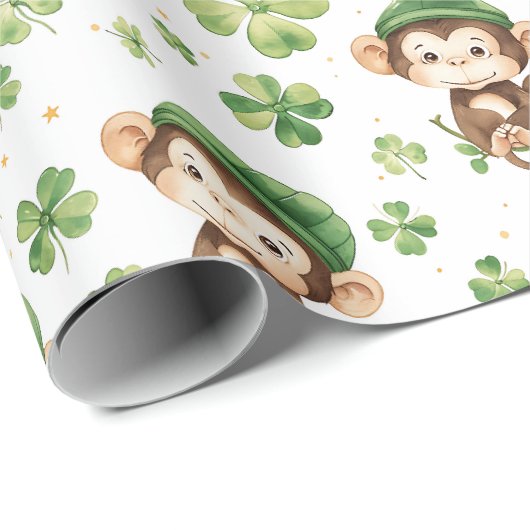 Papier Cadeau Mignons Singes Vert Casquette Shamrock St. Patrick (Coin rond)