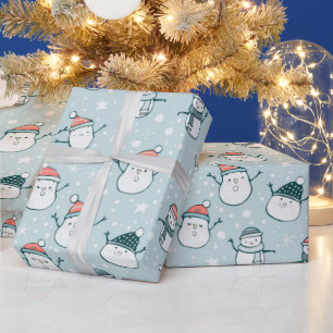 Papier Cadeau Mignons Snowmen Snowflakes Bleu Vert Noël