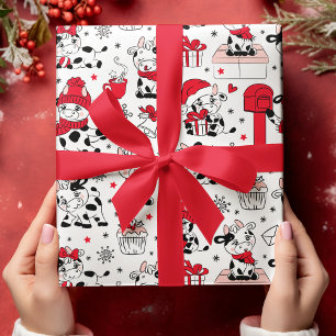 Papier Cadeau Mignons vaches de Noël rouge, noir et blanc