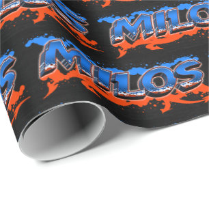 Papier Cadeau Milos prénom nom Graffiti bleu orange